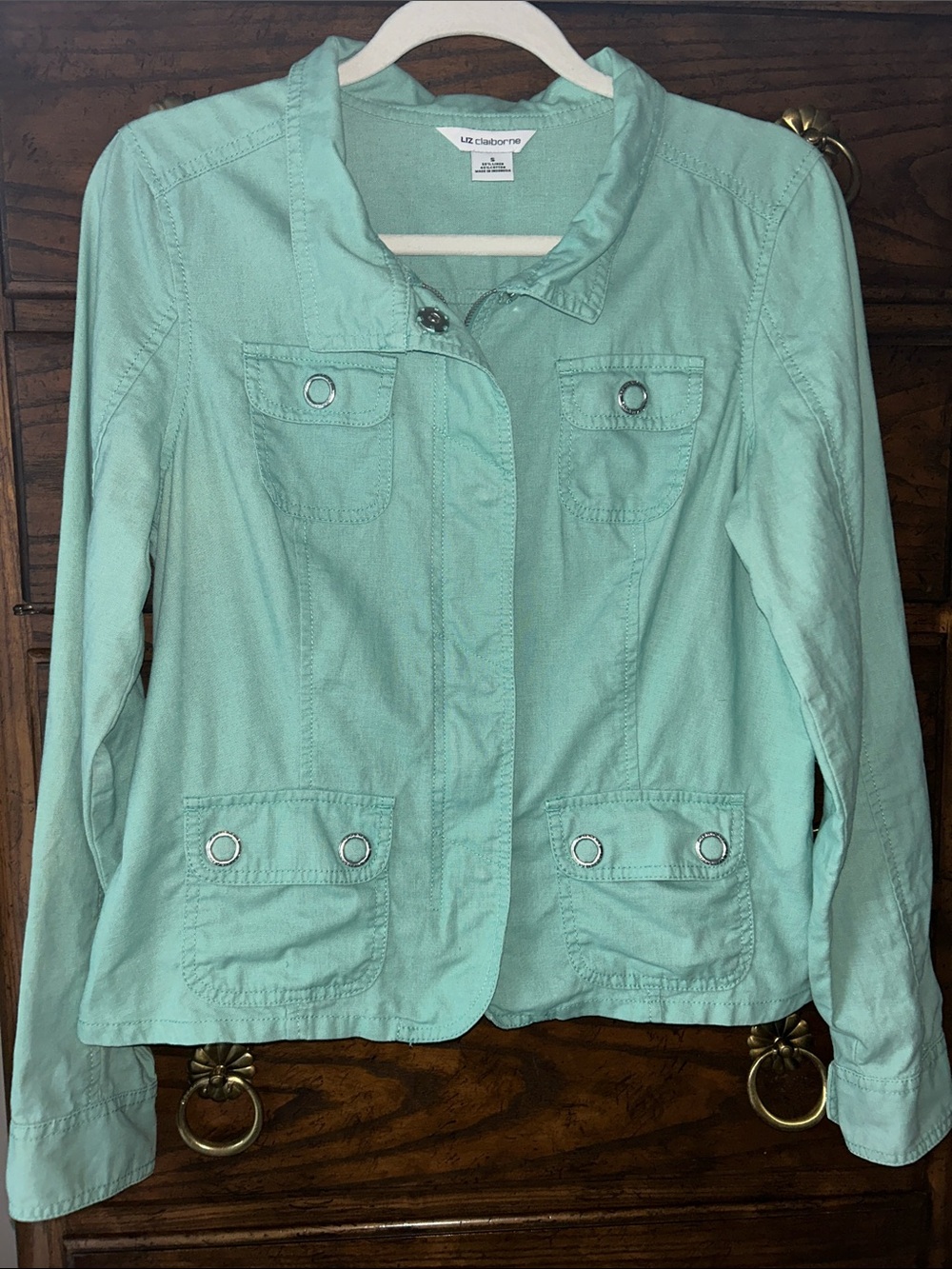 Liz Claiborne Linen Blend Seafoam Utility Jacket with Grommet Pockets, Size S